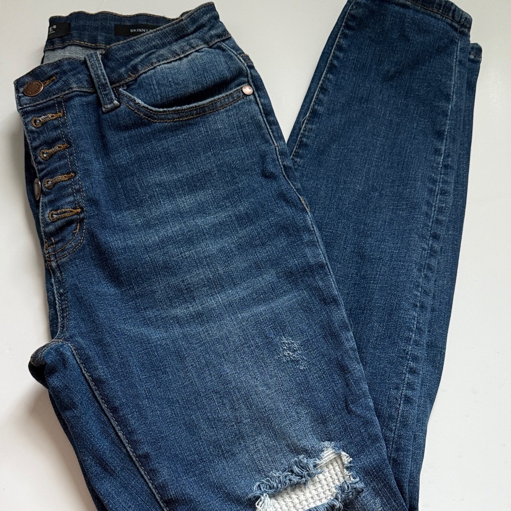 Judy Blue Thermal Dark Indigo Patch Skinny Jeans with Button Fly